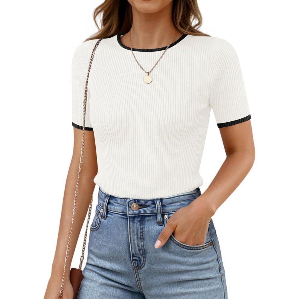 Women's Ribbed Knit Short Sleeve T Shirt Casual Summer Basic Top Large